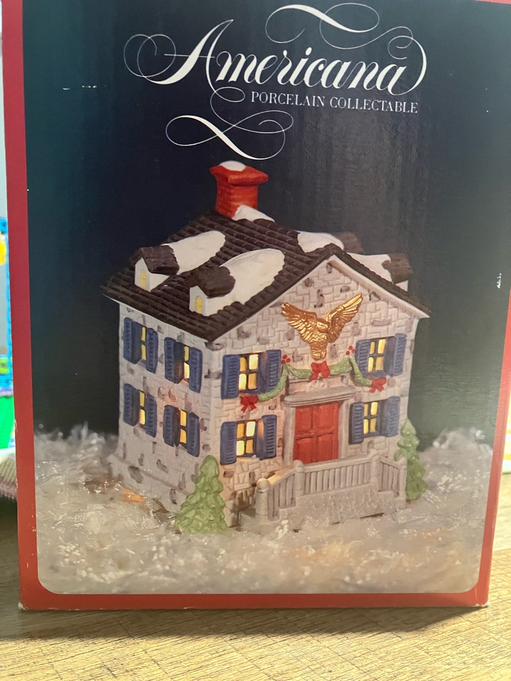 Americana porcelain collectible Holiday House - White with Blue Shutters
